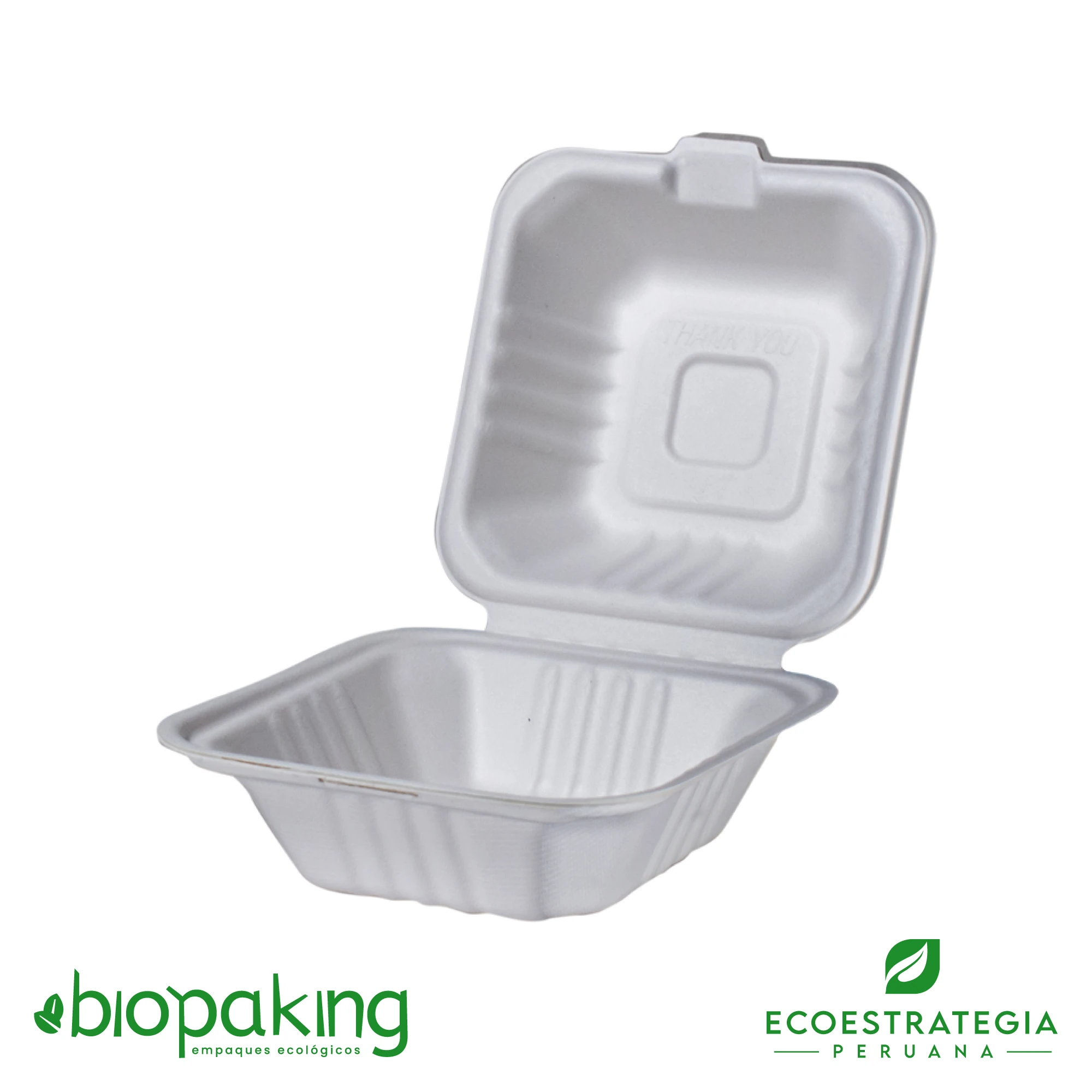 Este envase CT6 pequeño tiene una capacidad de 480ml. Producto de materiales biodegradables, hecho a base de fibra de caña de azúcar. Cotiza empaques y tapers
