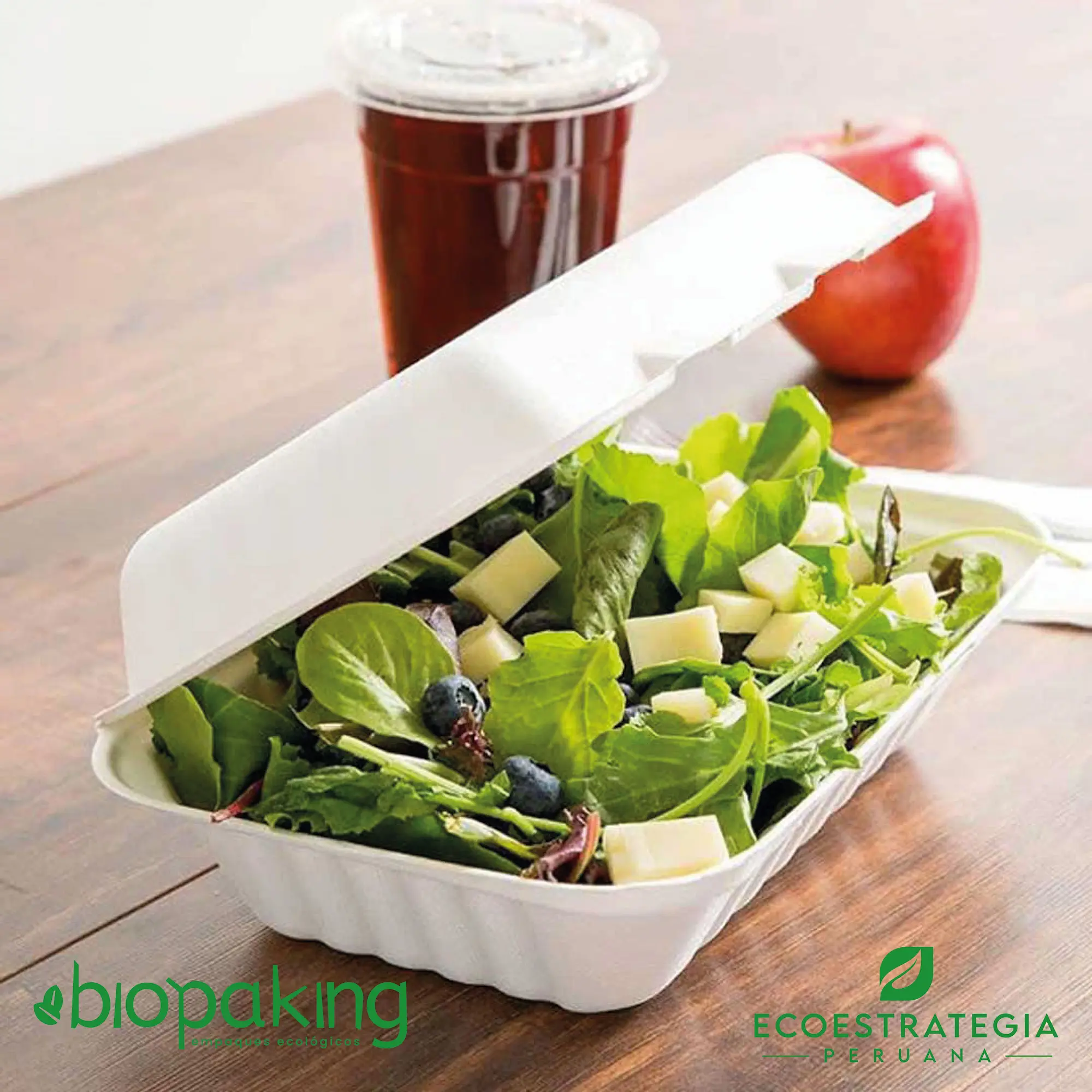 Este envase CT7 tiene una capacidad de 550ml. Producto de materiales biodegradables, hecho a base de fibra de caña de azúcar, empaques y tapers para ensaladas