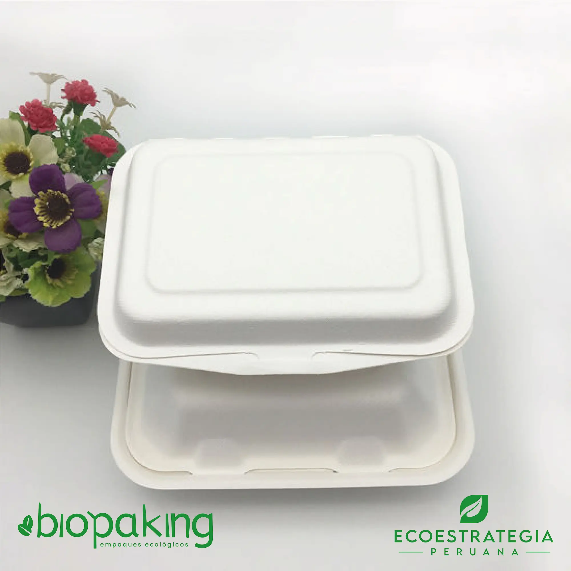 Este envase CT7 tiene una capacidad de 550ml. Producto de materiales biodegradables, hecho a base de fibra de caña de azúcar, empaques y tapers para ensaladas